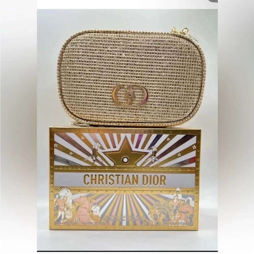 Dior 2025 Limited Holiday Edition cosmetic pouch in a gold, sparkly material.